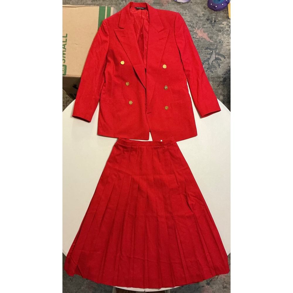 Burberrys Vintage‎ Red Wool Skirt Suit Double Breasted Blazer Pleated Skirt Sz 6